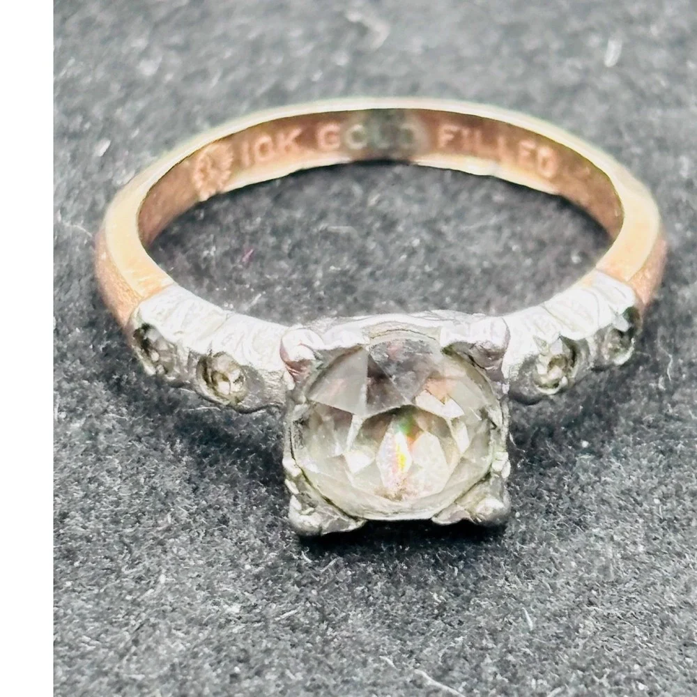 Vintage 10K Gold Filled Two Tone Solitaire Accent Ring Size 5 Rose Gold Silver